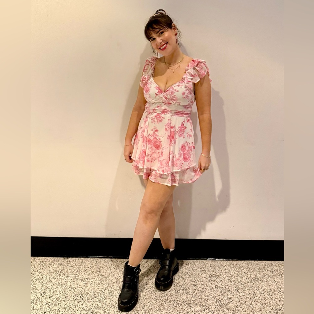 Altar'd State Adorable Pink Floral Ruffle Romper